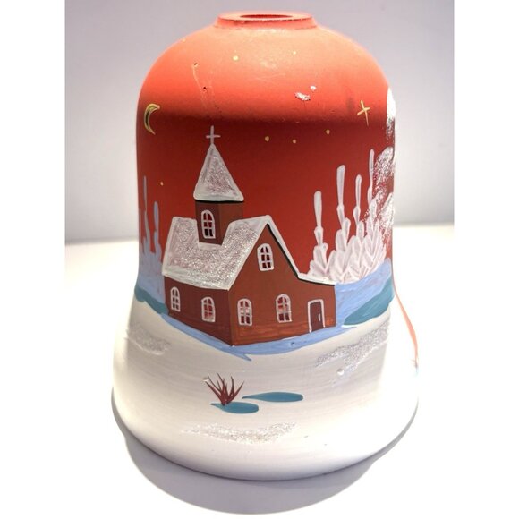 Christmas Fairy Light Tea Light Handpainted Glass Village Holder Bell Shaped 6” - Picture 4 of 11